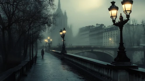 Fog-soaked riverside promenade under haunting gaslight hush.