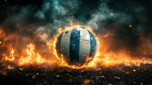 Blazing blue soccer ball rolls through a storm of swirling fire