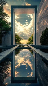 Monumental sky portal spans mirrored reflecting pool.