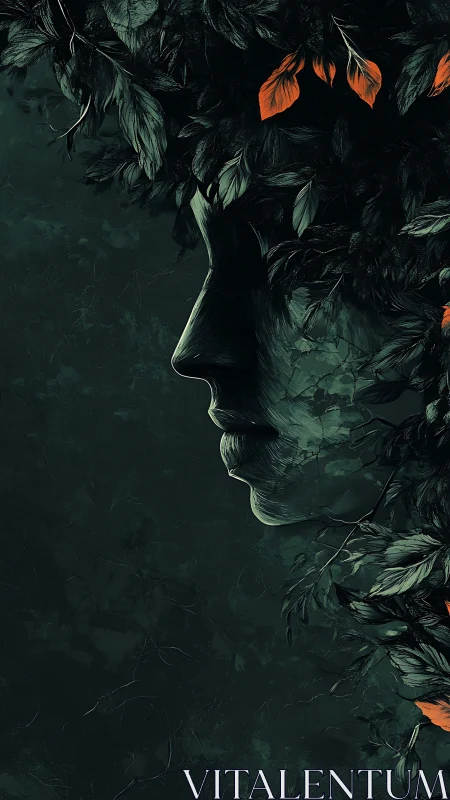 Botanical profile silhouette entwined with dark foliage forms.