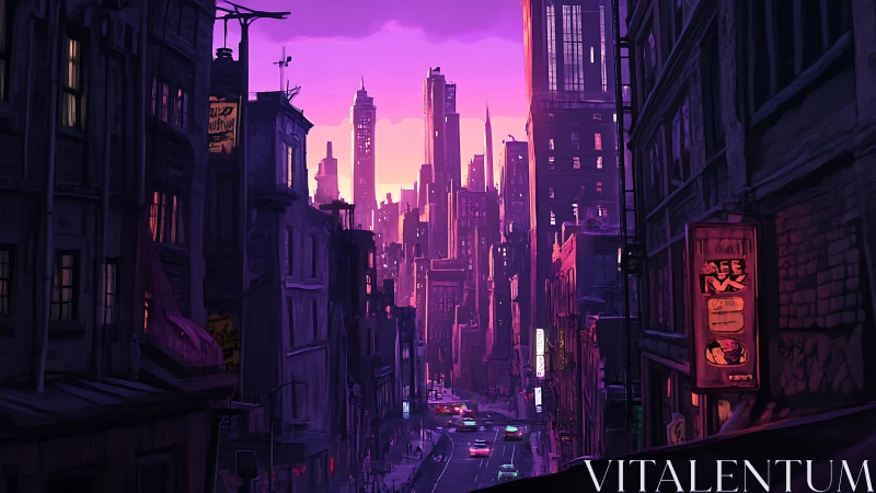 Neon dusk cityscape renders deep alley perspective in magenta glow