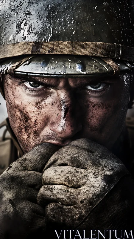 Close frontal view of muddy soldier with helmet and gloves.