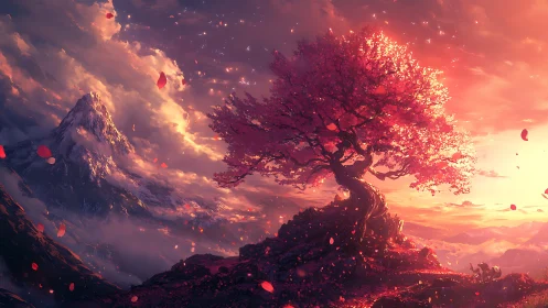 Solitary pink tree on rocky ridge before distant mountain.