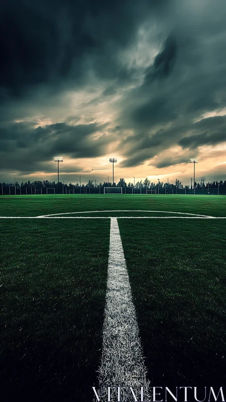 Storm-lit soccer field rendered in high-contrast photorealism