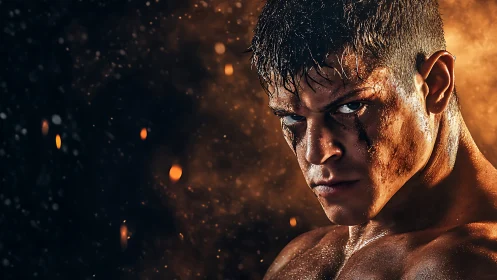 Male fighter portrait with ember particles in dark space.