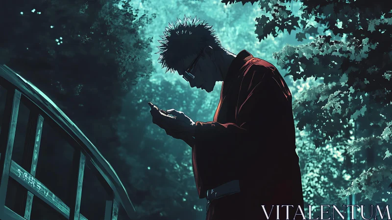 Solitary man in red robe stands on forest bridge at dusk.