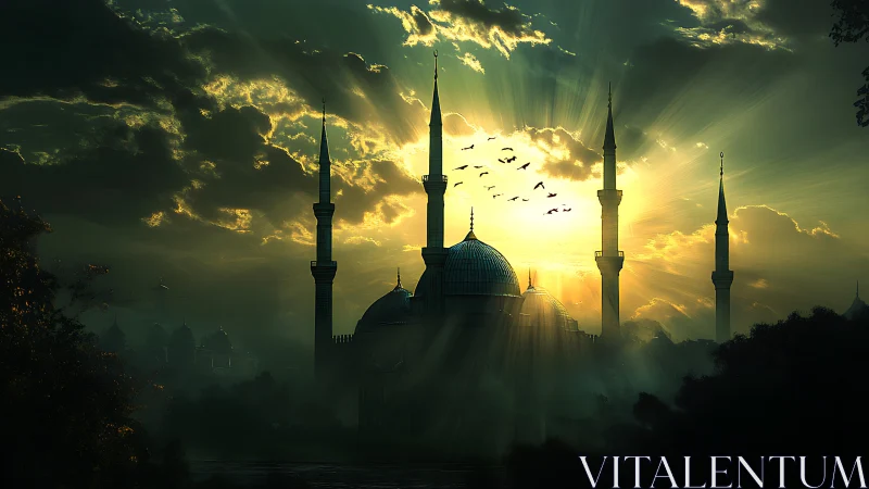 Sunlit mosque skyline glowing softly in golden dawn light.