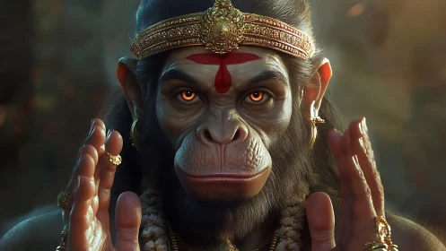 Golden-eyed monkey deity poised in sacred forest light.
