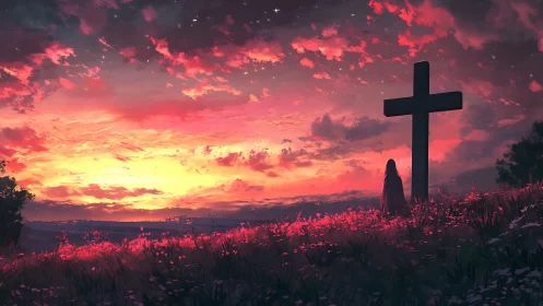 Figure by cross on hill under vivid red sunset sky.