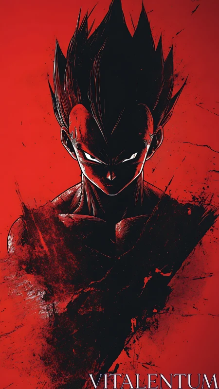 Dark anime warrior portrait in red splatter abstraction.