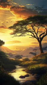 Golden savanna sunset gently warms a quiet winding river