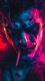 Neon smoke engulfs a brooding clown in intense close-up