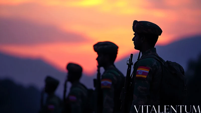 Silhouetted soldiers in formation against gradated orange-pink sunset