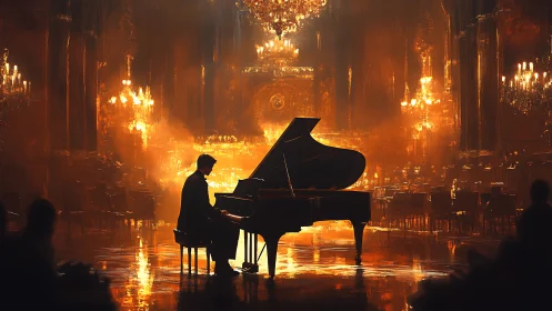 Concert pianist silhouetted in grand golden concert hall.