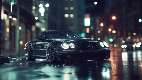 Black Mercedes coupe reflects neon on wet night street.