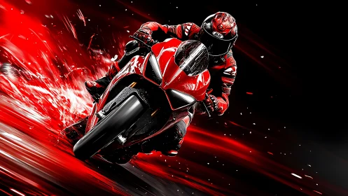 Red superbike rider carves through night in a fiery rush