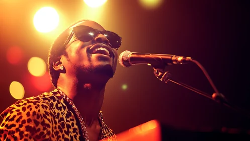 Soul singer in leopard shirt performing under warm stage lights.