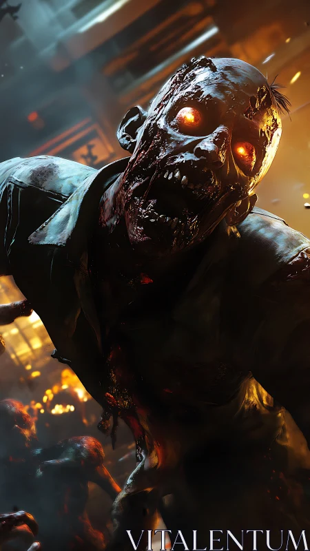 Glowing‑eyed zombie lunges forward in fiery industrial chaos
