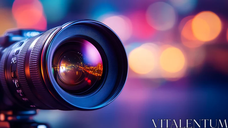 Close-up of DSLR camera lens with colorful city bokeh.