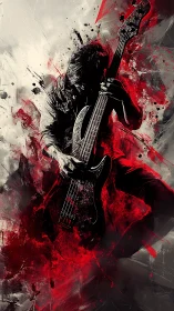 Rock bassist in dynamic red and monochrome splatter energy.