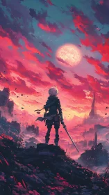 Lone swordsman overlooking luminous moonlit ruins at dusk.