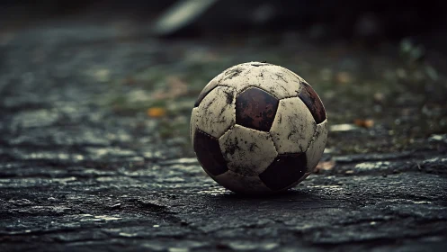 Weathered soccer ball resting on wet textured pavement surface.
