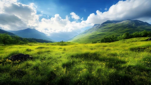 Sunlit mountain meadow breathing under a boundless blue sky.