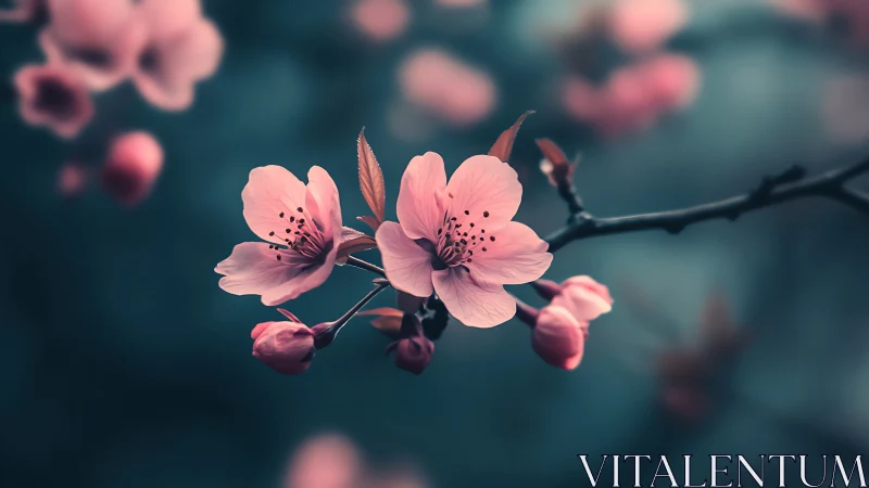 Delicate Cherry Blossoms Against Teal Bokeh Backdrop.