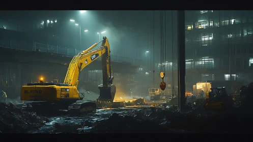 Nighttime urban construction site shows excavator in operation