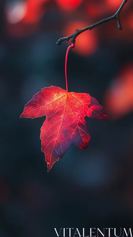 Scarlet maple leaf suspended on branch in soft bokeh glow.
