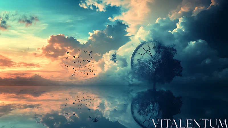 Surreal twilight sky merges time, reflection, and flight.