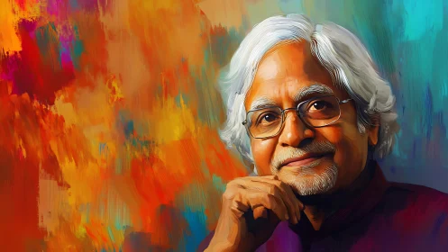 Warm portrait of a thoughtful elder in vivid color swirl.