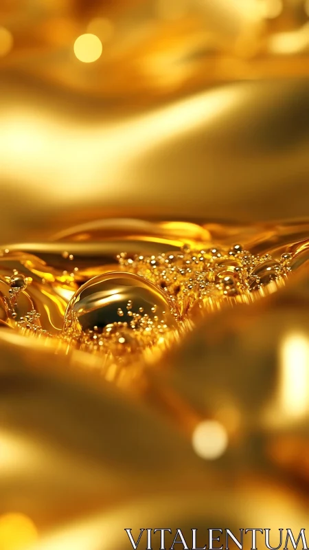 Macro view of reflective golden liquid surface with bubbles.