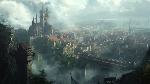Gothic cathedral dominates a misty medieval fantasy cityscape
