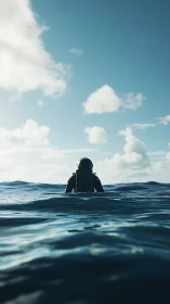 Solitary astronaut floats in open ocean under bright sky