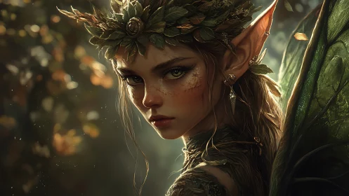 Forest-winged fae guardian bathed in golden woodland light.