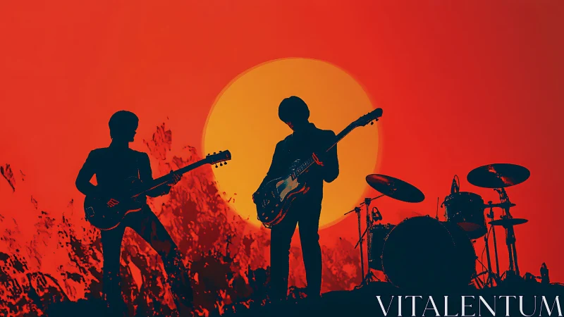 Rock band silhouettes performing before blazing sunset.