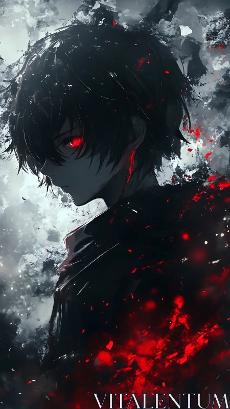 Dark anime antihero glows with crimson infernal power.