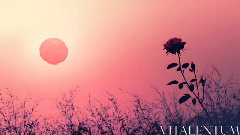 Solitary rose silhouette meets glowing orb over pink field