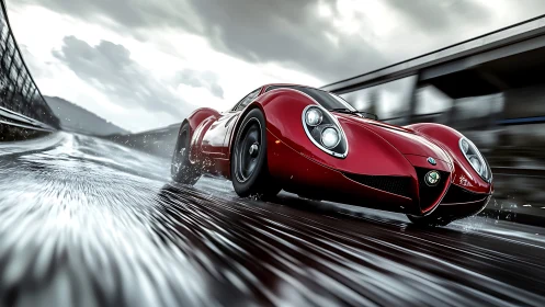 Sleek red sports car slices through rain on a wet racetrack