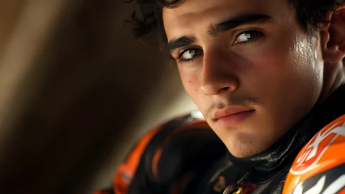 Young motorcyclist gazes intensely in warm cinematic light