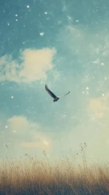 Solitary bird soaring above golden field under vast sky.