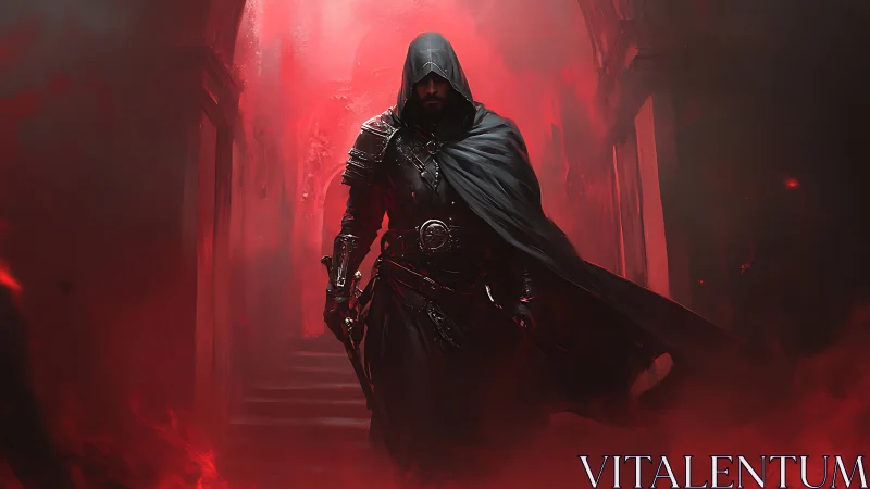 Midnight rogue strides through crimson-ghosted corridor