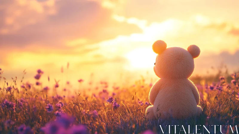 Plush teddy bear sits in wildflower field facing sunset