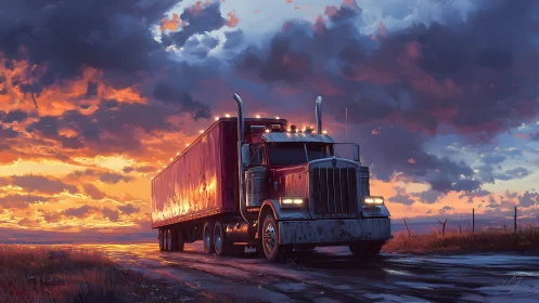 Highway titan idles beneath a wildfire sky at sundown