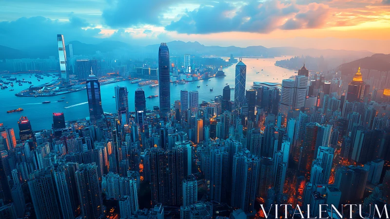 Dense harbor city skyline under blue and orange dusk light.