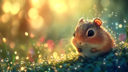 Hamster sits in dewy grass under strong backlit glow