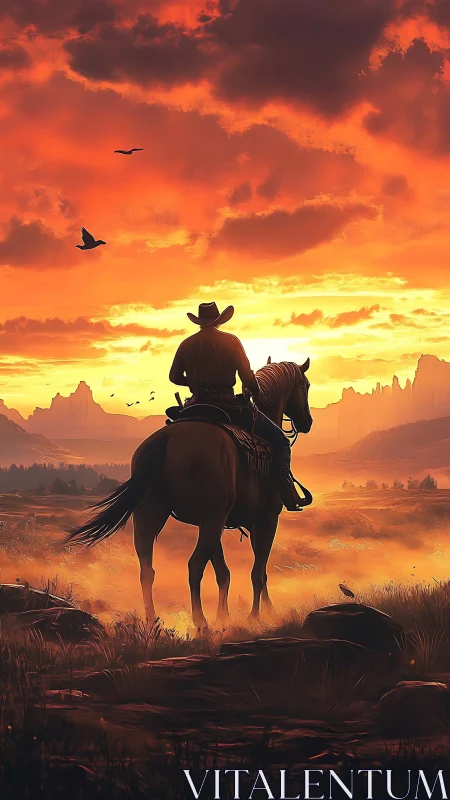 Solitary rider on horseback under orange western sunset sky.