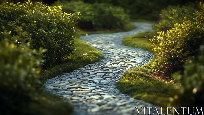 Sunlit pebble path winding through whispering garden hedges.
