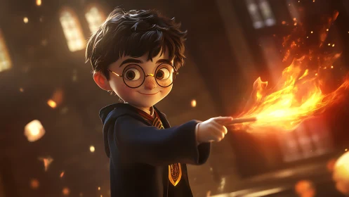 Young wizard sparks a playful blaze in golden hall warmth.
